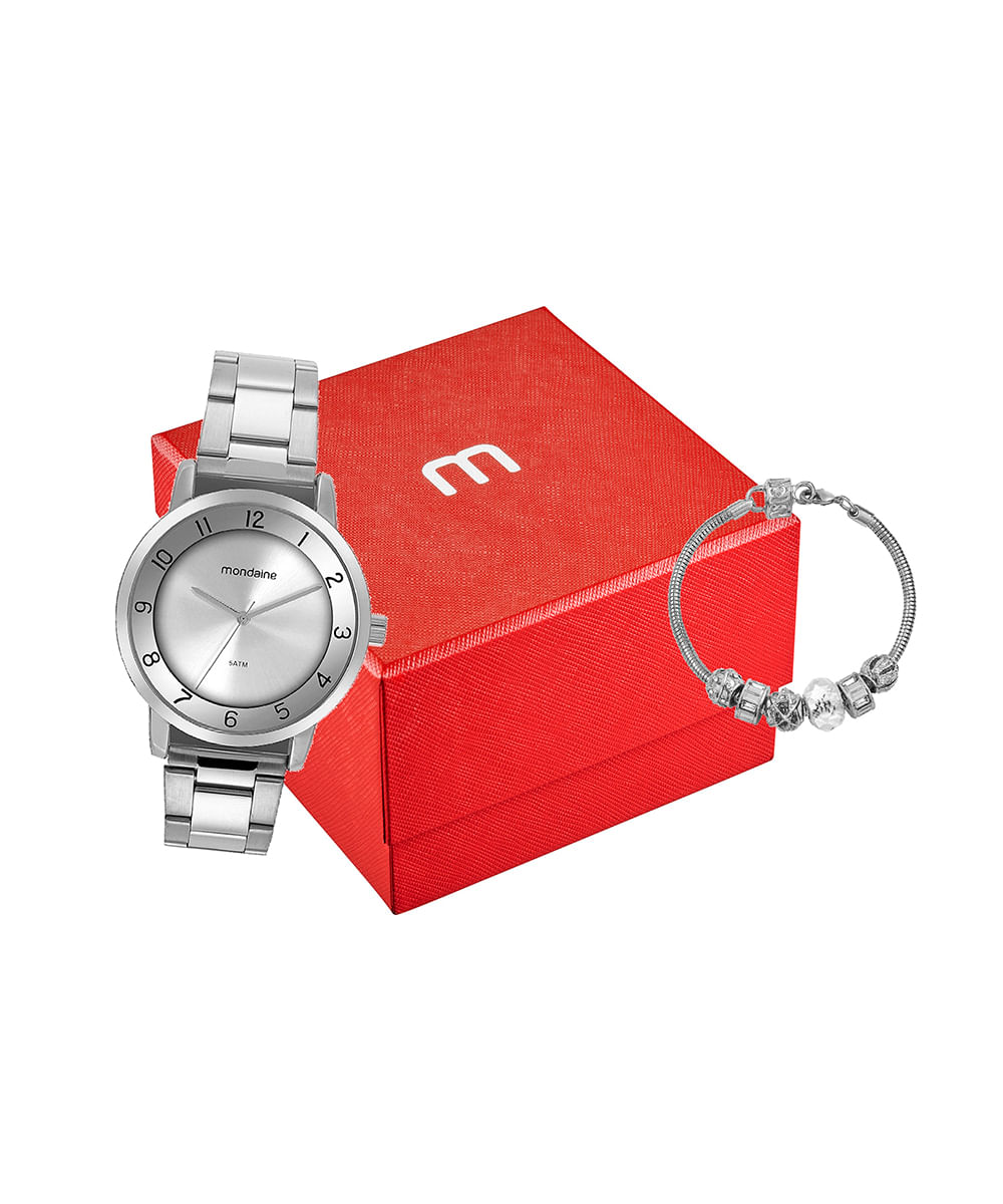 kit relógio analógico feminino mondaine 99730l0mvne4kf prateado