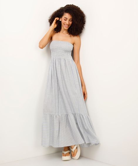 vestido longo de viscose sem alça listrado azul
