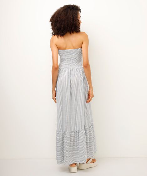 vestido longo de viscose sem alça listrado azul