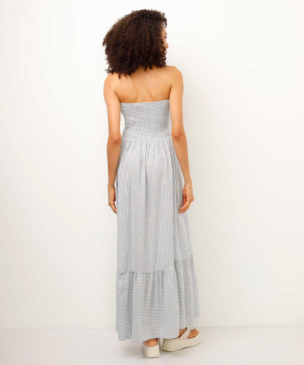 vestido longo de viscose sem alça listrado azul