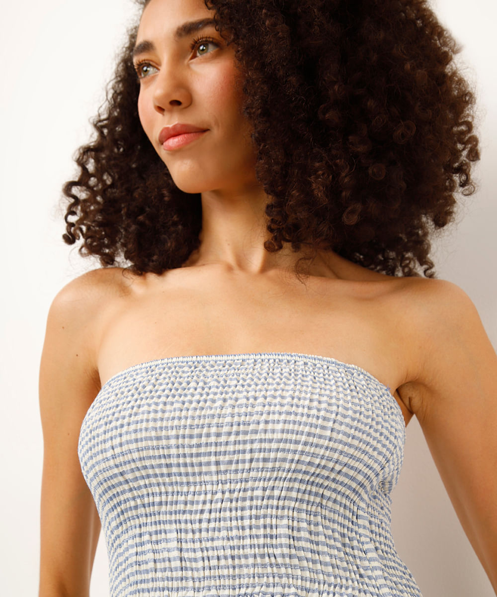 vestido longo de viscose sem alça listrado azul