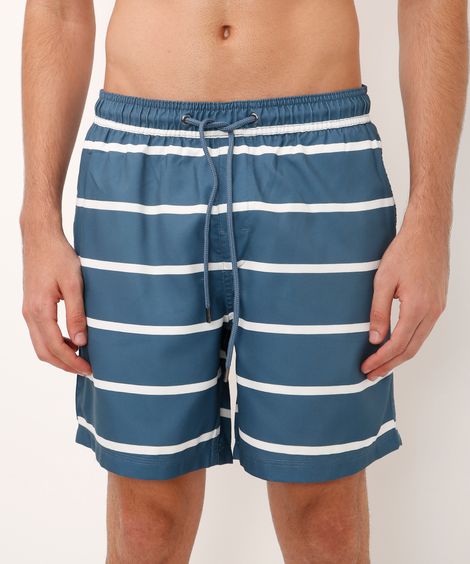 short reto cós com elástico listrado azul