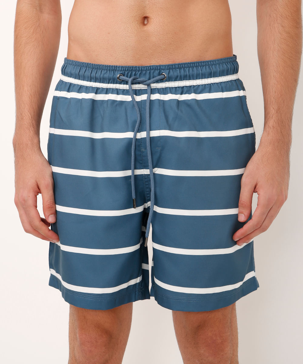 short reto cós com elástico listrado azul
