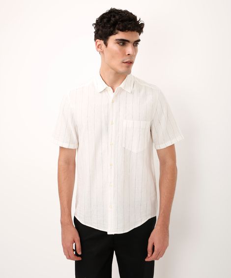 camisa com linho manga curta listrada off white