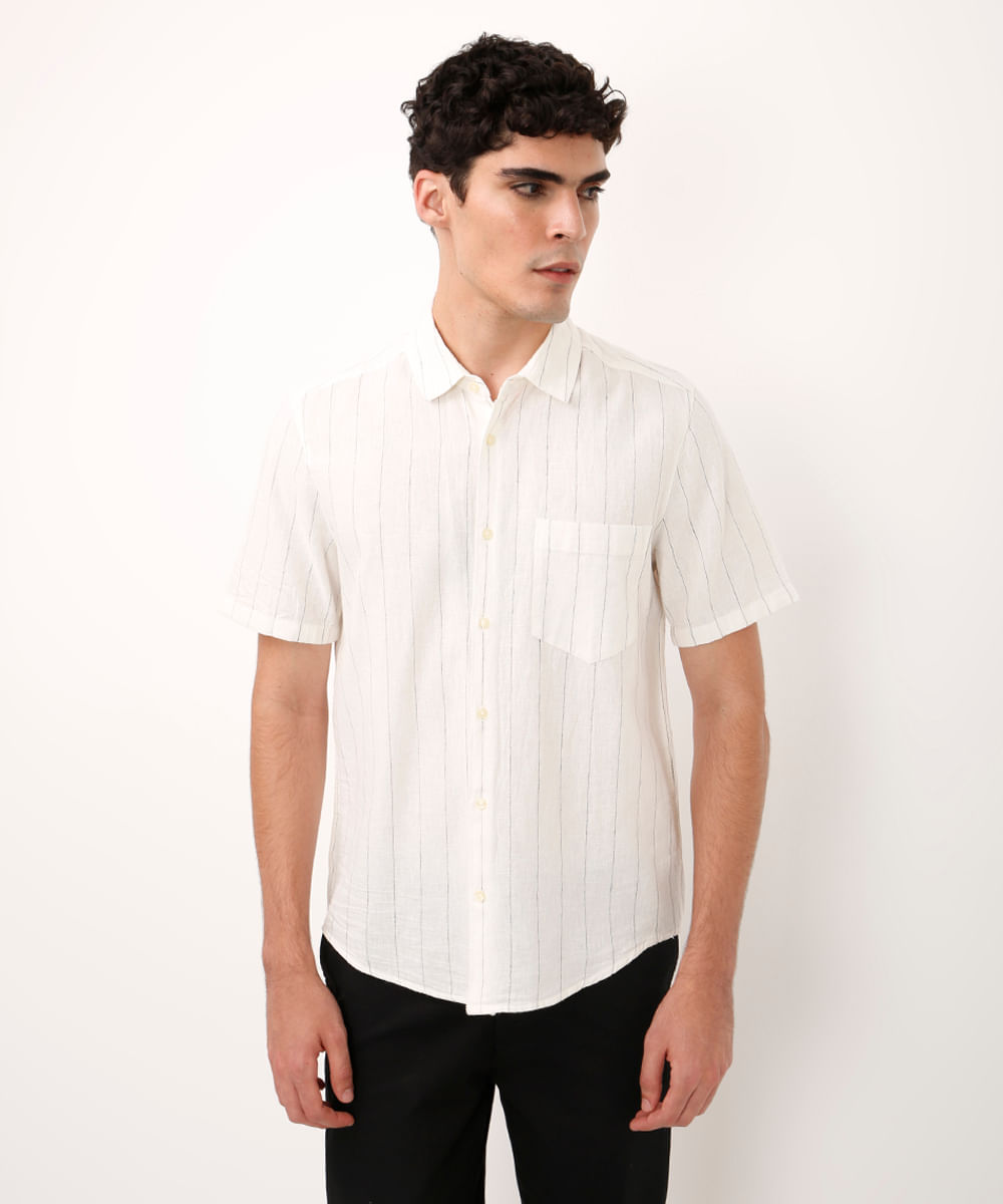 camisa com linho manga curta listrada off white