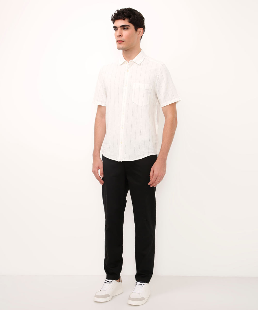 camisa com linho manga curta listrada off white