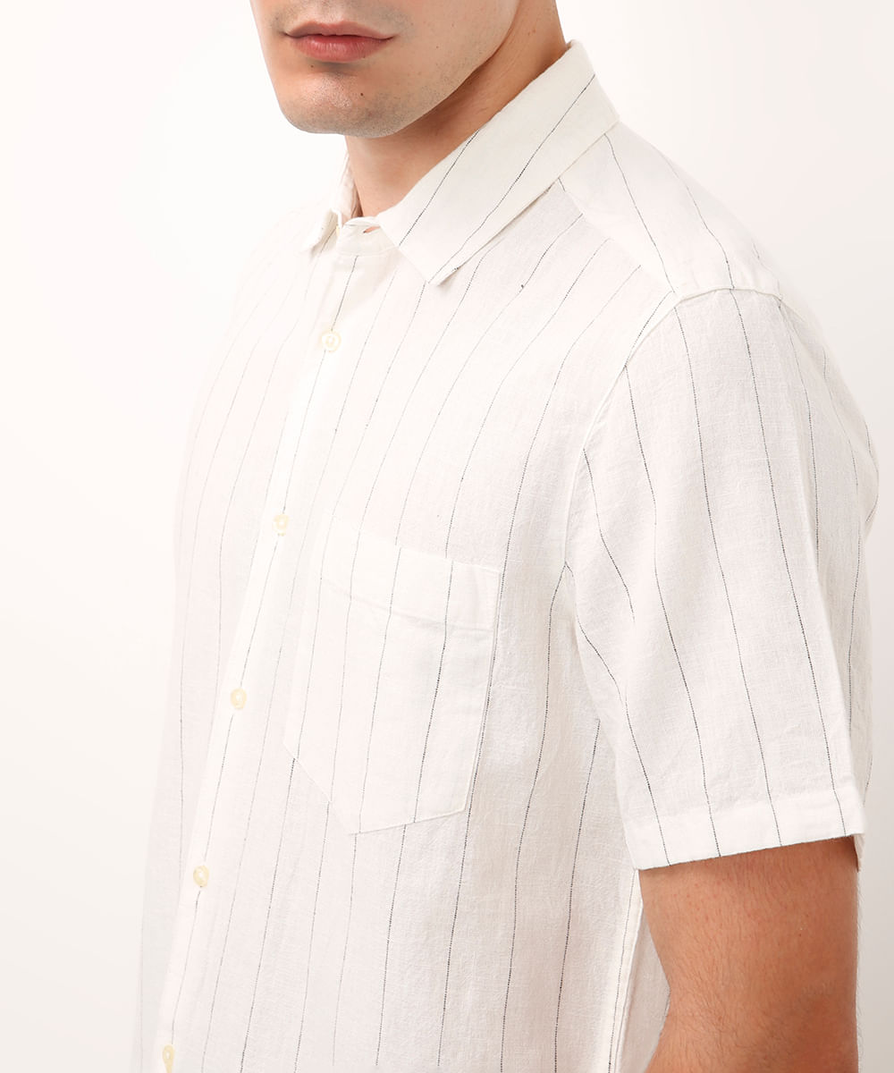 camisa com linho manga curta listrada off white