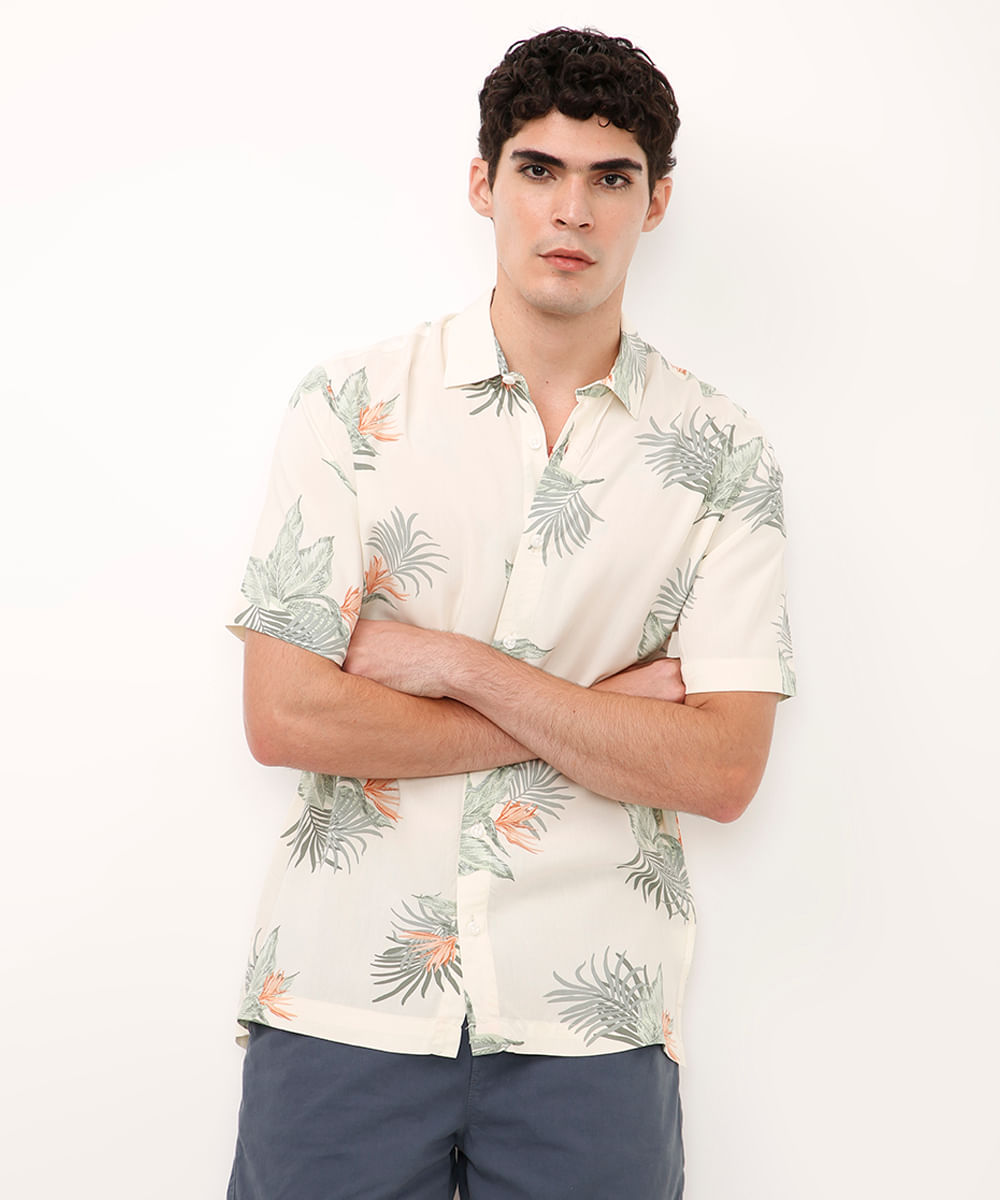 camisa de viscose folhagens off white