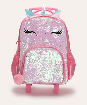 mochila infantil de rodinha unicórnio com paetê rosa