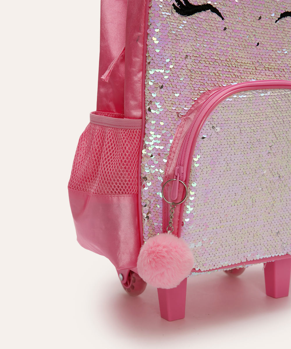 mochila infantil de rodinha unicórnio com paetê rosa