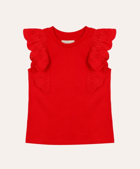 blusa de algodão infantil com babado de laise vermelha