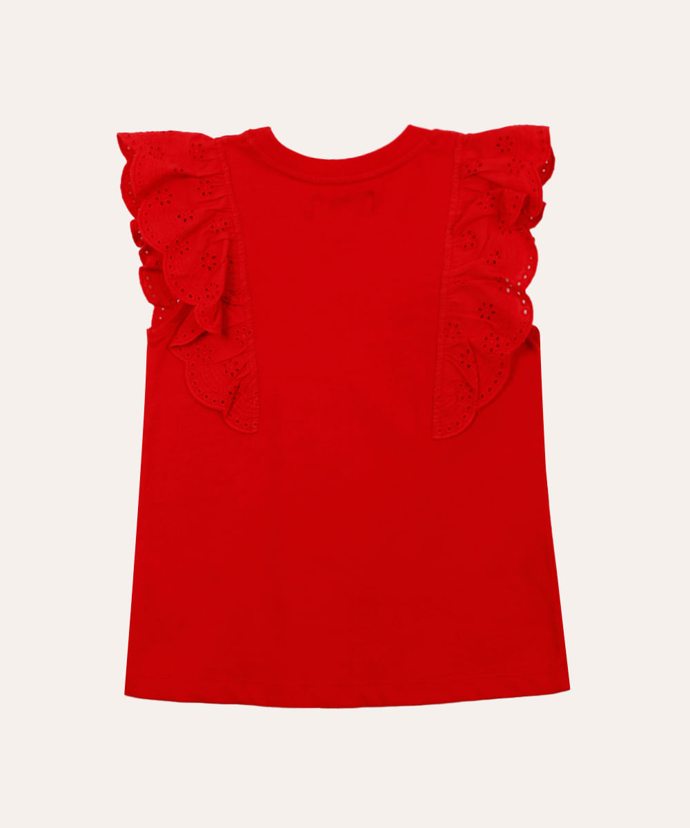 blusa de algodão infantil com babado de laise vermelha