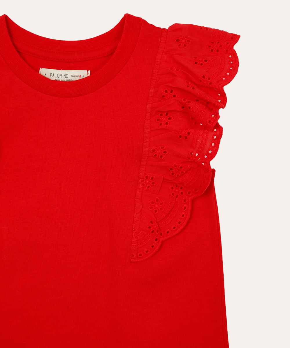 blusa de algodão infantil com babado de laise vermelha
