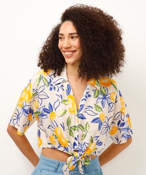 camisa de viscose com amarração floral amarela