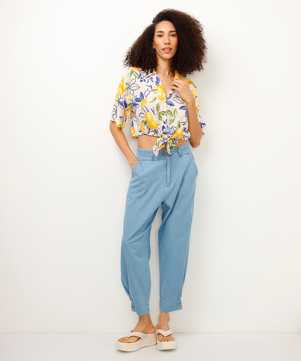 camisa de viscose com amarração floral amarela