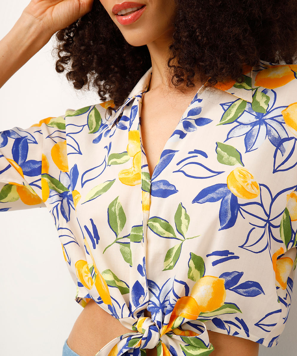 camisa de viscose com amarração floral amarela