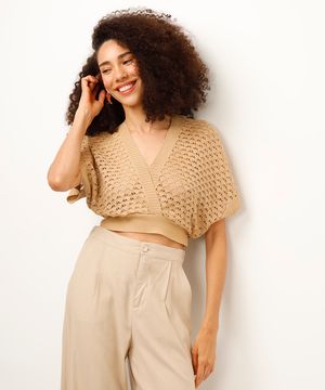 blusa de tricot transpassada manga curta com amarração bege