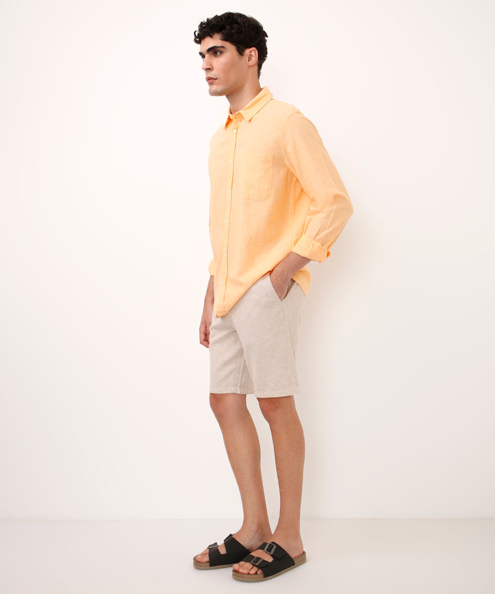 camisa comfort com linho manga longa laranja
