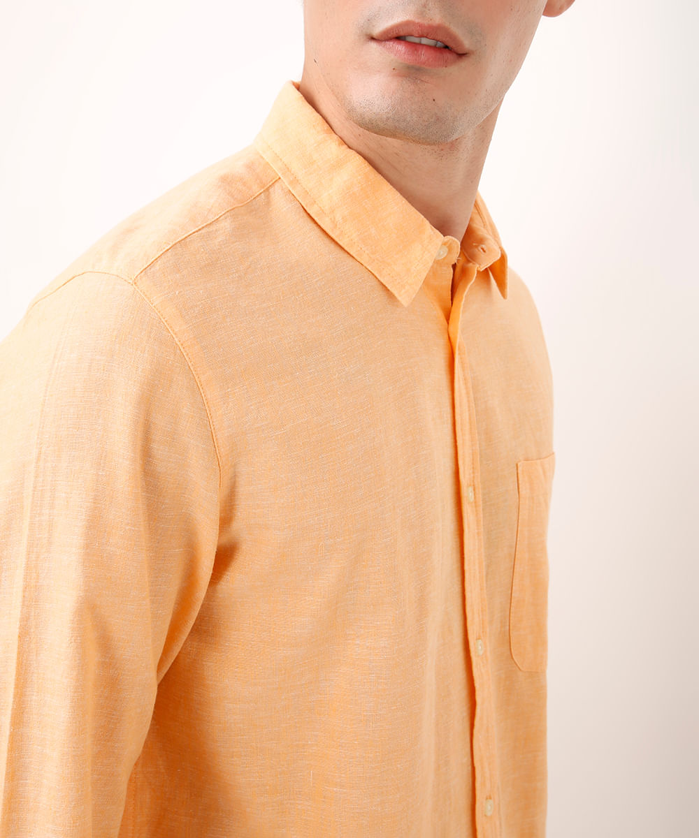 camisa comfort com linho manga longa laranja