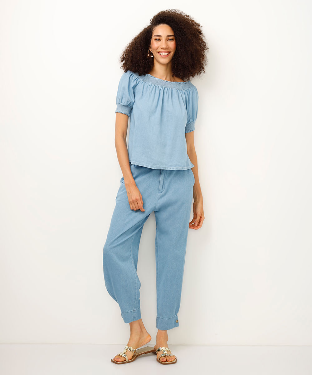 blusa jeans manga bufante azul