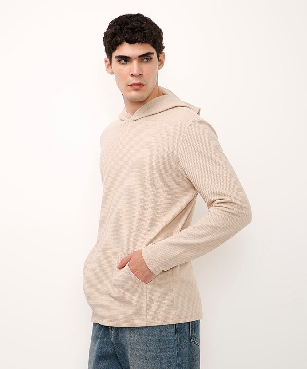 blusa manga longa com capuz texturizada bege