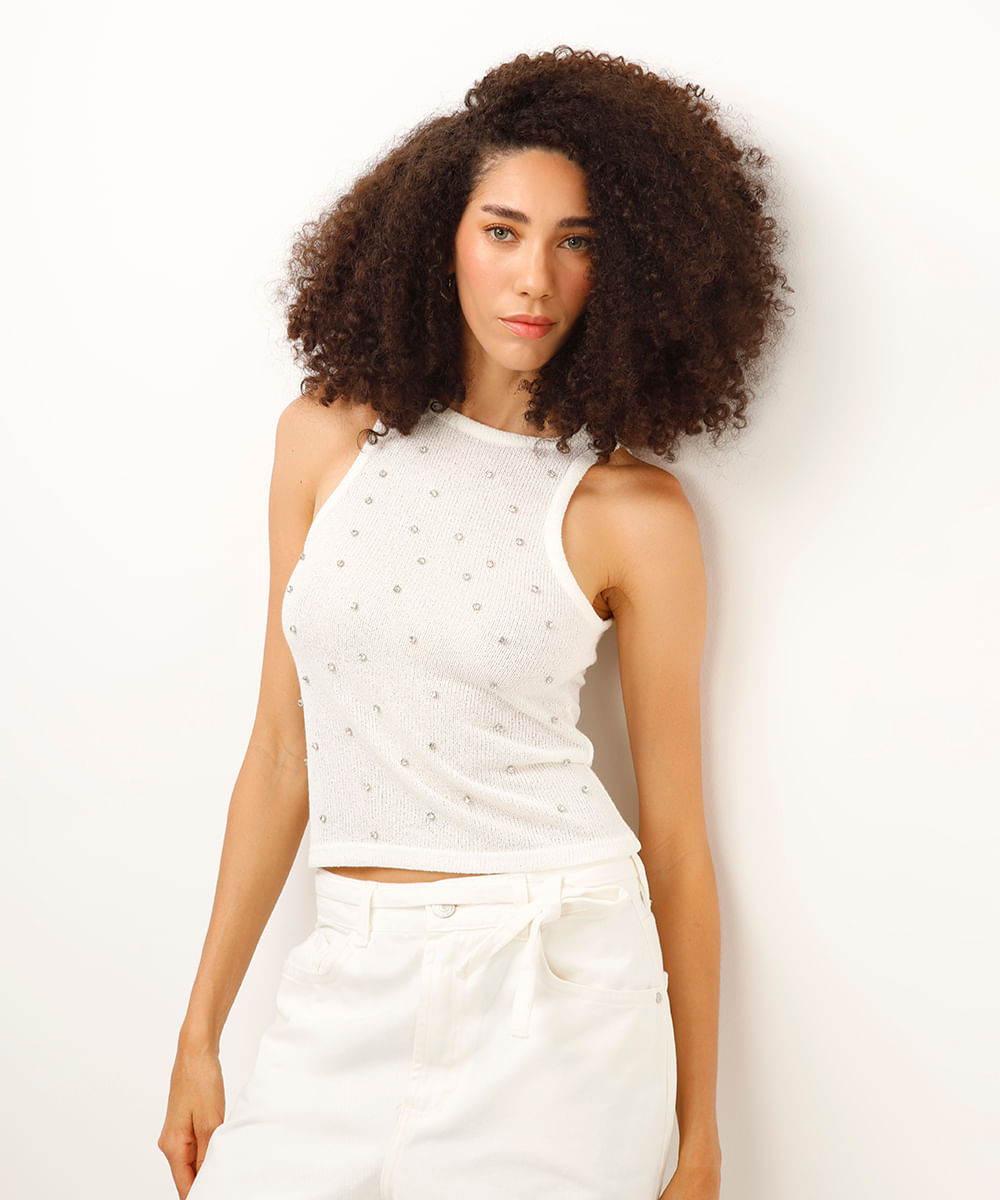 regata de tricot com brilhos off white