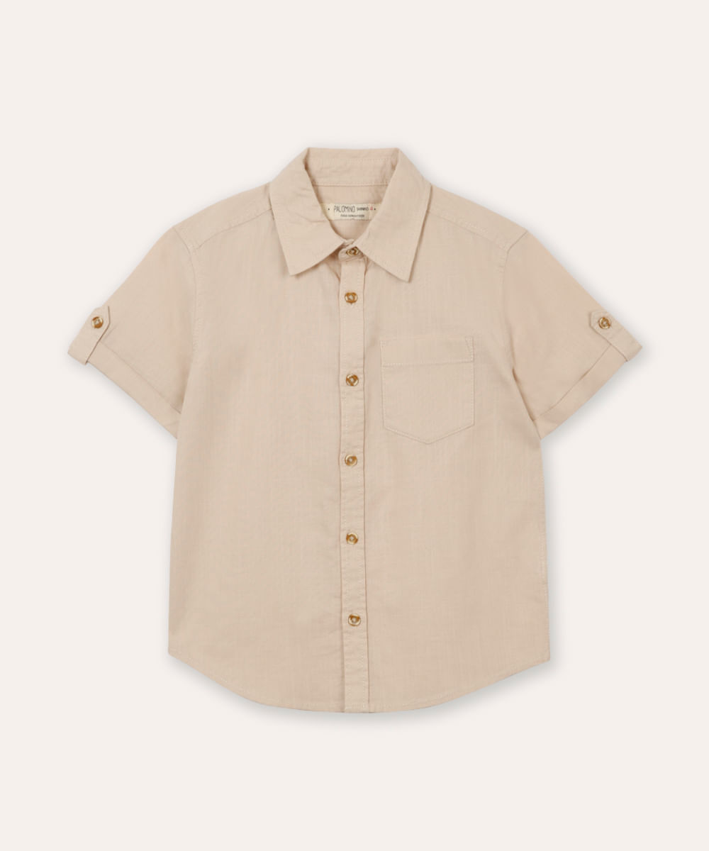 camisa de algodão infantil manga curta com bolso bege