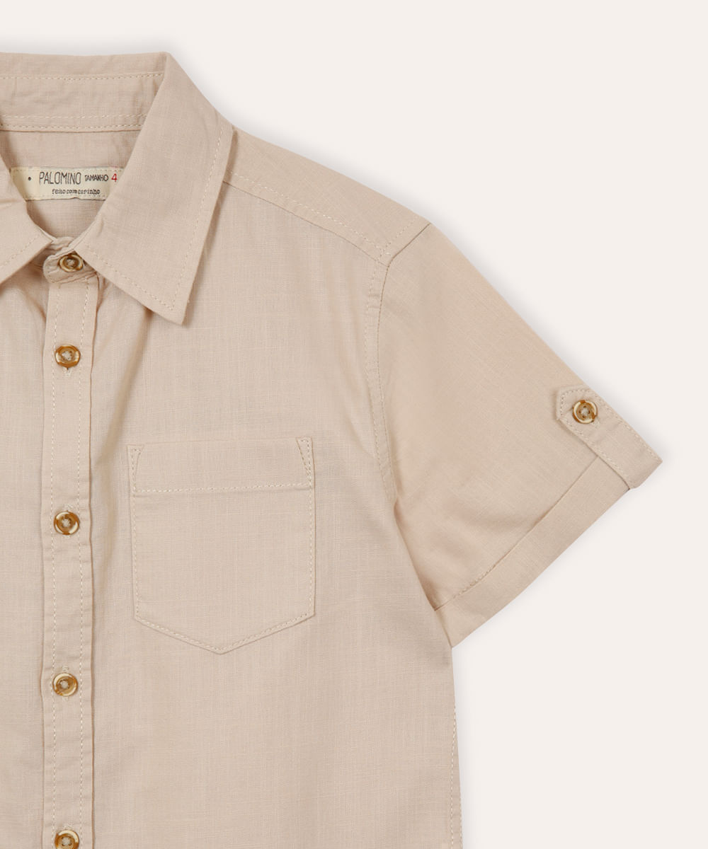 camisa de algodão infantil manga curta com bolso bege