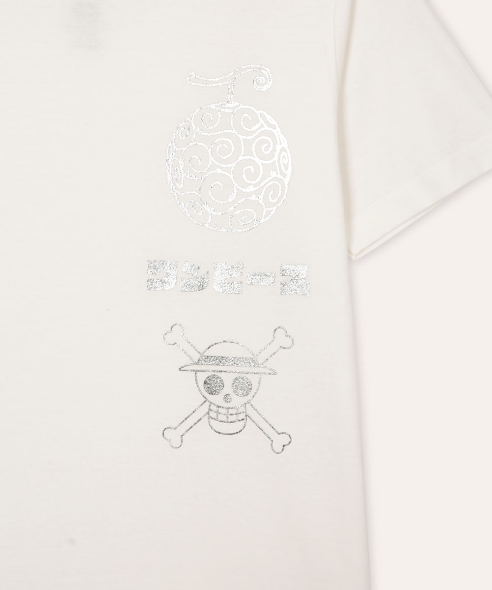 camiseta juvenil de algodão one piece metalizada off white