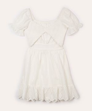 vestido curto de laise juvenil com recorte off white