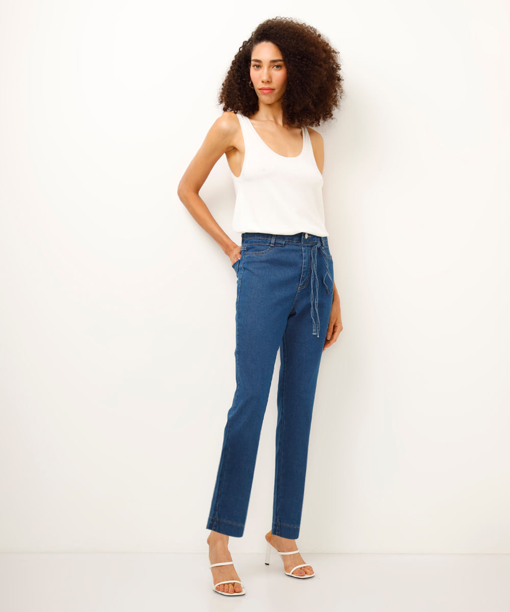 calça jeans cigarrete com cordão sawary azul