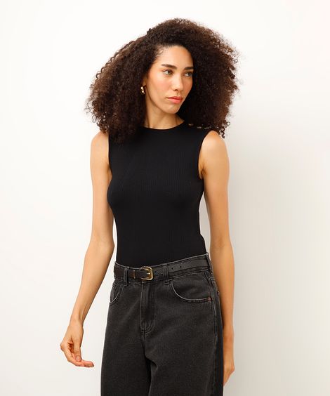 regata de viscose com botões canelada preto