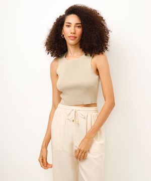 cropped de tricot com lurex canelado dourado