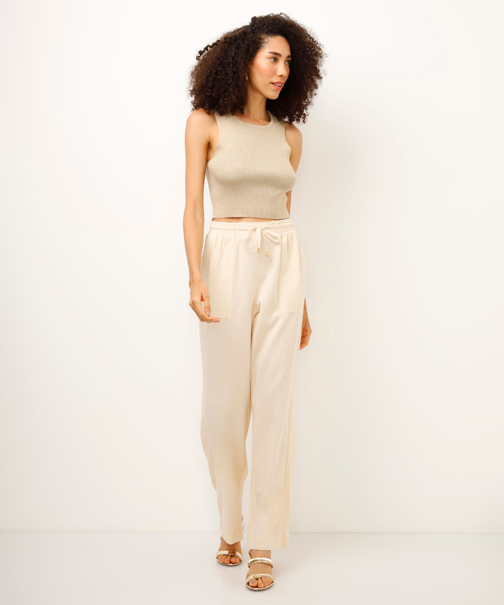 cropped de tricot com lurex canelado dourado