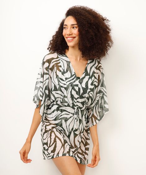 kaftan saída de praia tule folhagens verde