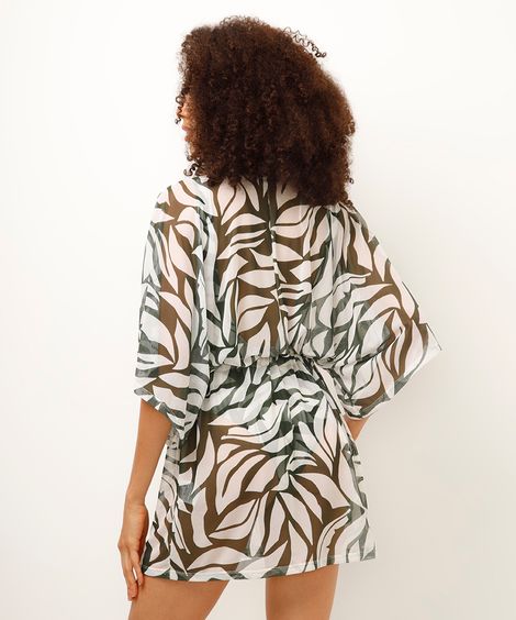 kaftan saída de praia tule folhagens verde