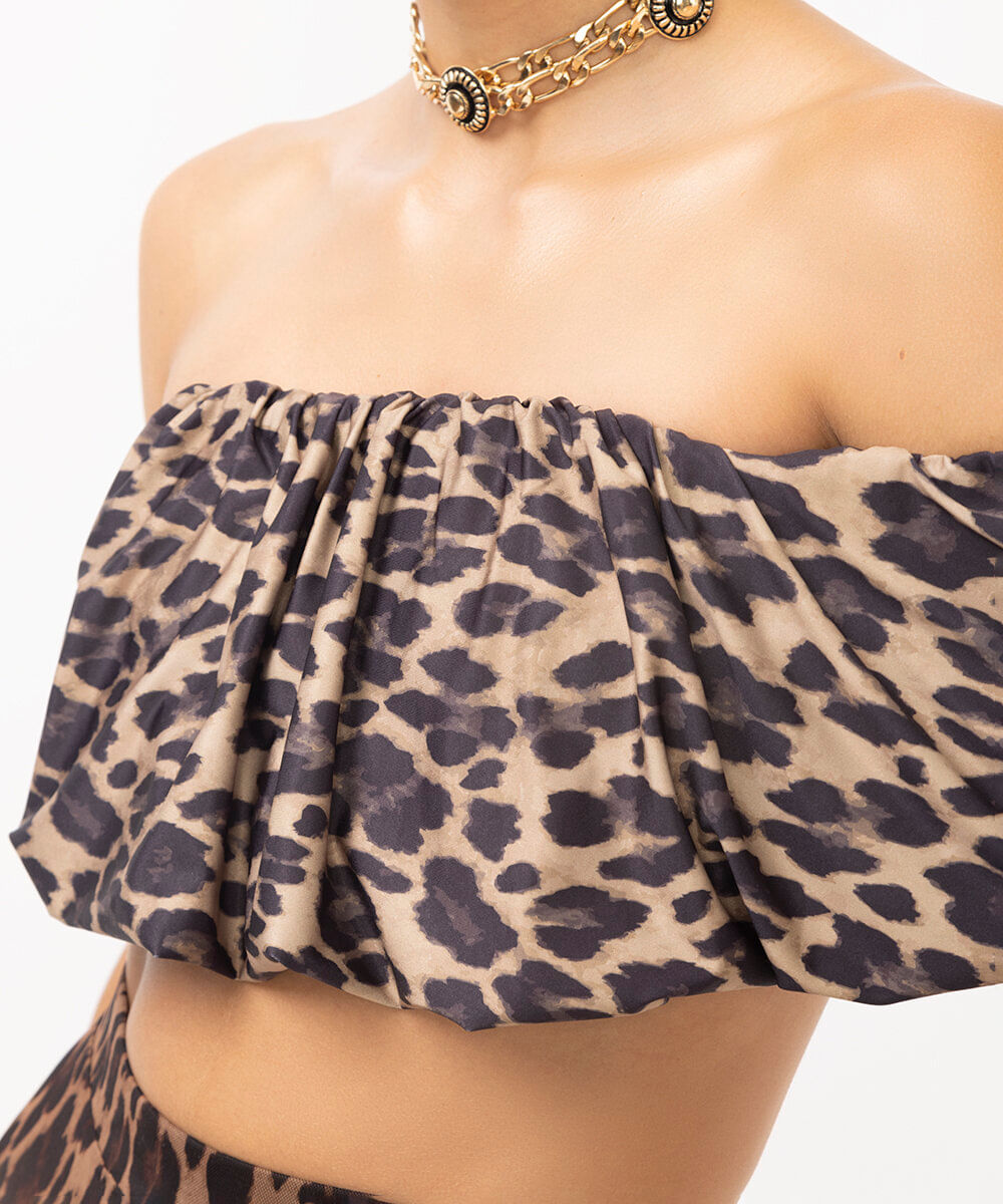 top sem alça com babado animal print bege