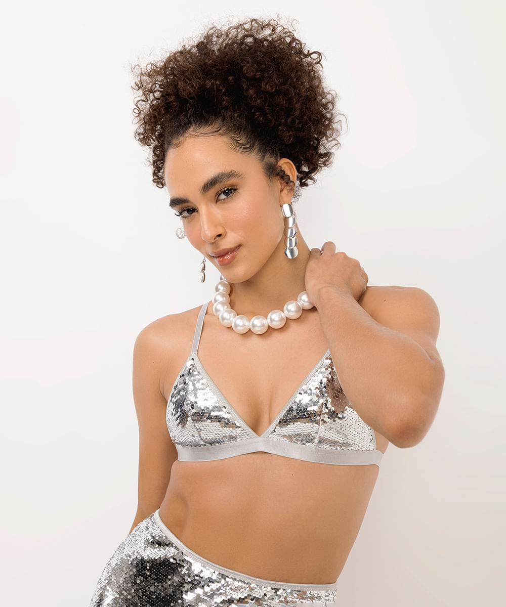 sutiã triângulo de paête sem bojo prateado