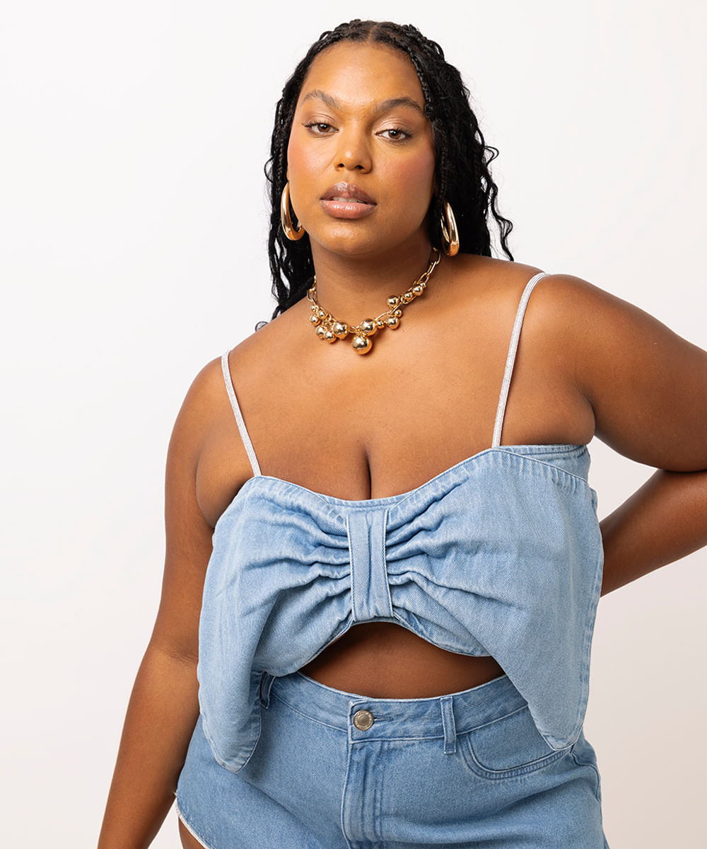 cropped jeans com laço plus size azul