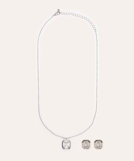 kit de colar e brinco zircônia prateado