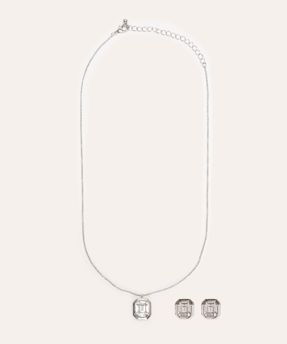 kit de colar e brinco zircônia prateado