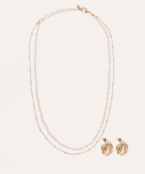 kit de colar e brinco argolinha pérola dourado