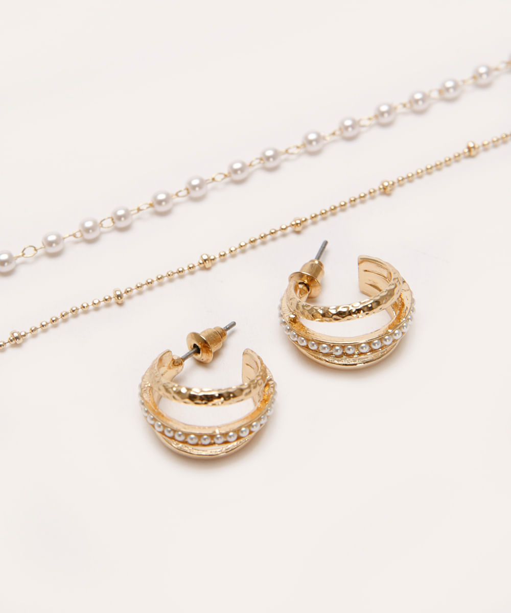 kit de colar e brinco argolinha pérola dourado