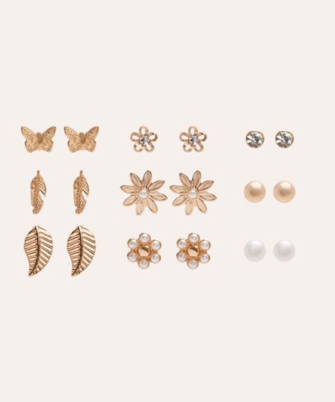 kit de 9 pares de brincos floral dourado