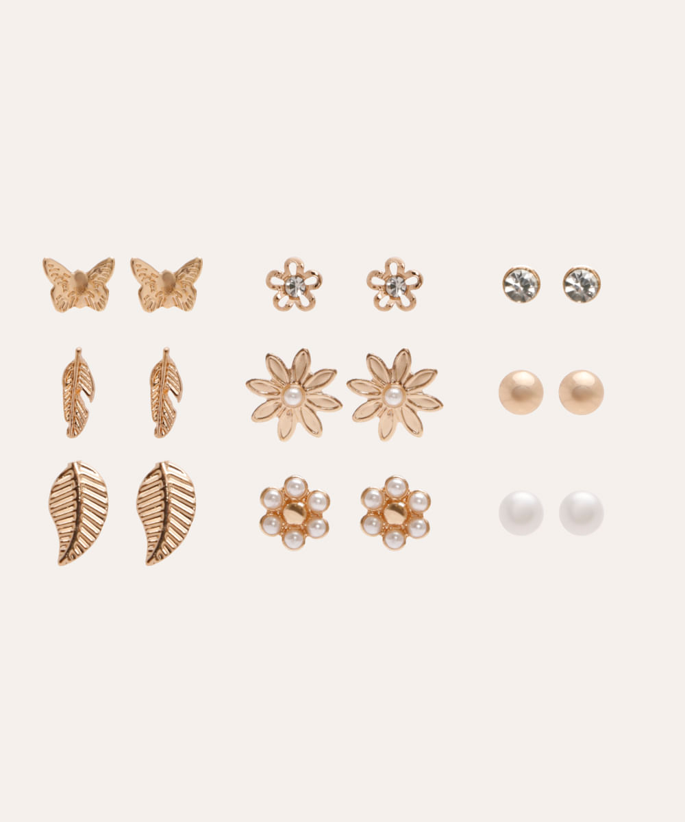 kit de 9 pares de brincos floral dourado
