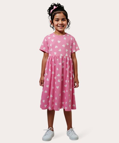 vestido de algodão infantil corações rosa