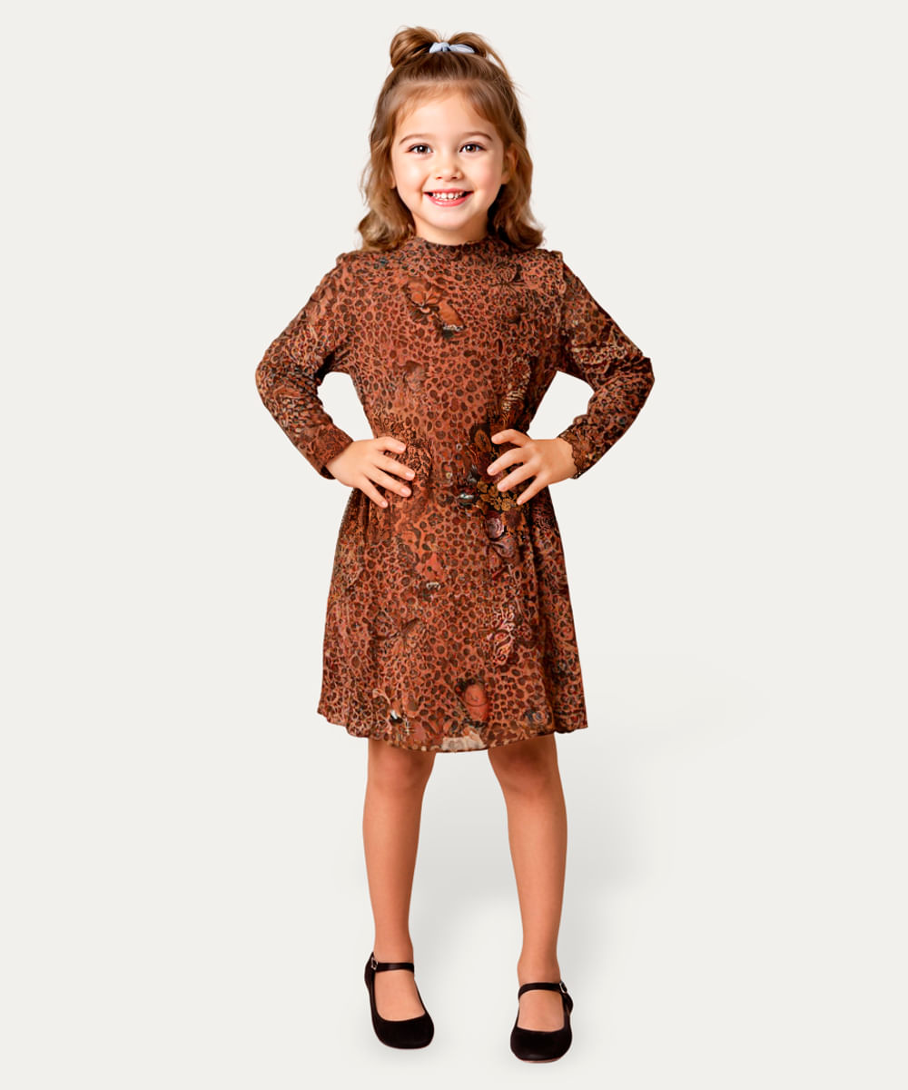 vestido midi de tule infantil animal print marrom