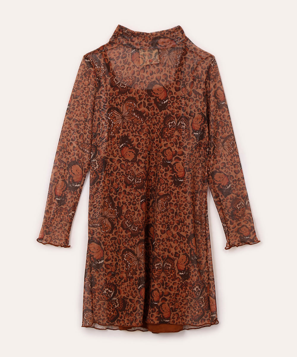 vestido midi de tule infantil animal print marrom