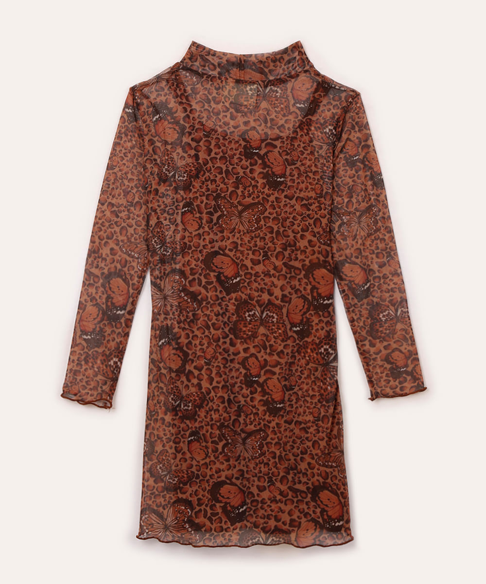 vestido midi de tule infantil animal print marrom