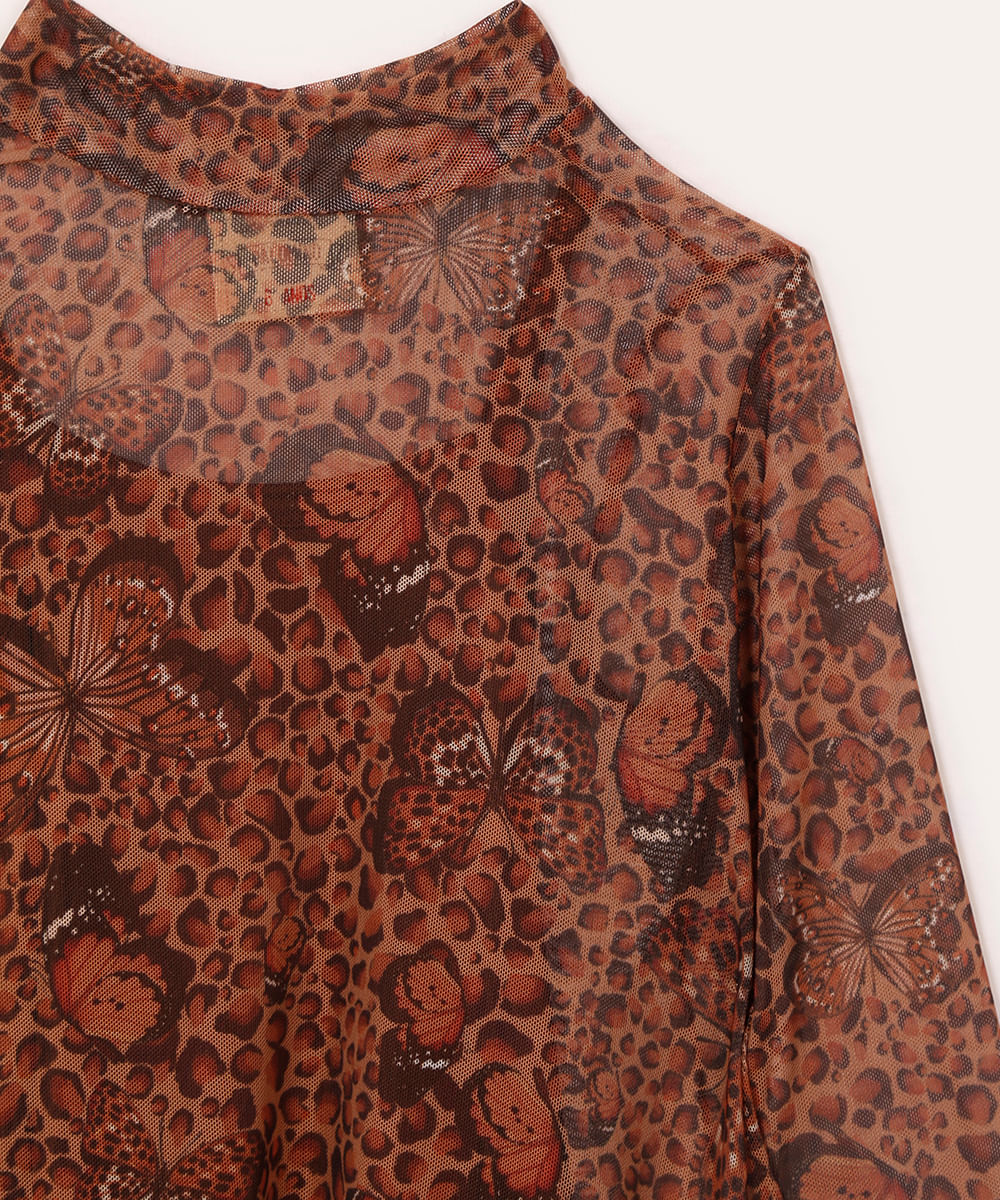 vestido midi de tule infantil animal print marrom